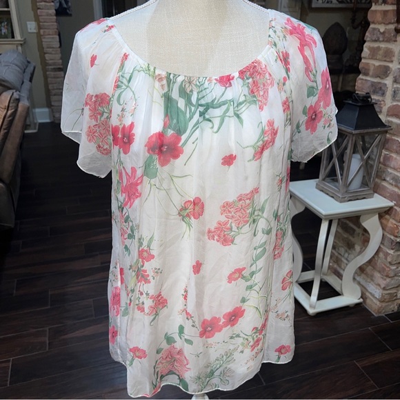 Luisa Ricci Italy 100% Silk Ivory Floral Sheer Off Shoulder Blouse Top S - Picture 2 of 12